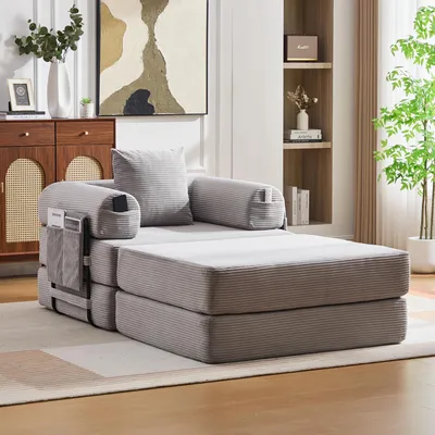 Produktbild von okwish Einsitziges Modulares Sofa mit Hocker und Seitentasche Schlafsofa Wohnzimmersofa mit Kissen Loungesofa mit stabilem Metallrahmen frei kombinierbar Hellgrau