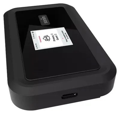 A black Sonim H100 4G mobile hotspot is shown from a slightly elevated angle against a black background.
