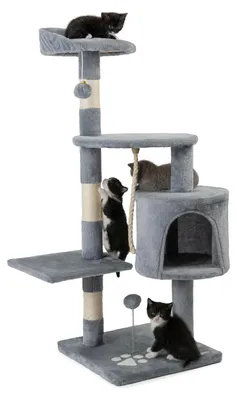Produktbild von lionto Kratzbaum für Katzen 112 cm hoch, mit Höhle, Sisalseil, Plüschbällen & Wandhalterung, kompakter Kletterbaum, hellgrau