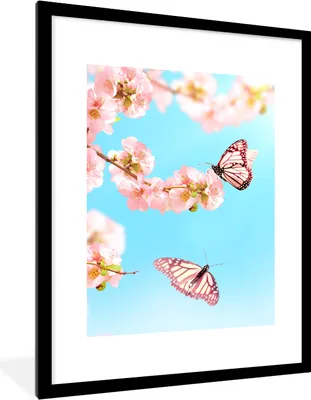 Produktbild von MuchoWow® Gerahmtes Poster Schmetterlinge - Baum - Blumen 60x80 cm - Poster mit Schwarzem Bilderrahmen Wandposter Rahmen Foto Bilder - Wohnzimmer - Dekorationen - Prämie