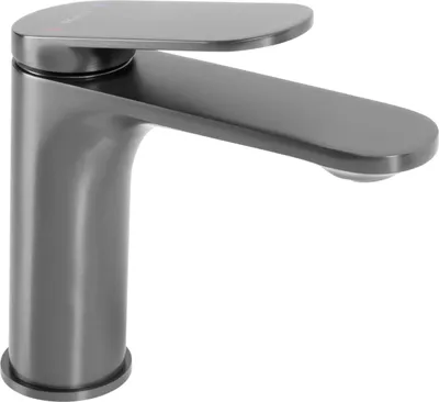 A close-up studio shot of a modern bathroom faucet.