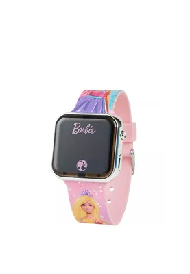 A Barbie-themed digital watch with a pink band and a square screen.