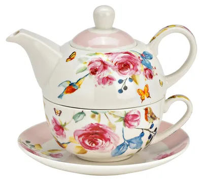 Productafbeelding van Set van 3 theepotten met rozenmotief, van porselein, roze (B/H/D) 15x16x15 cm 400 ml/250 ml