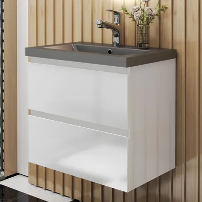 Produktbild von Badmöbel Set HUTI-Serie 60cm Dunkelgrau Waschbecken mit Unterschrank Badezimmermöbel mit 2 Schubladen Hochglanz Weiß Hängeschrank