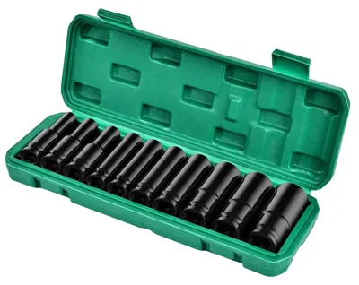Imagen del producto de Juego de llaves de vaso profundas, acero cromo-molibdeno, 10 piezas, de 10 a 24 mm, para tuercas de 1/2 pulgada