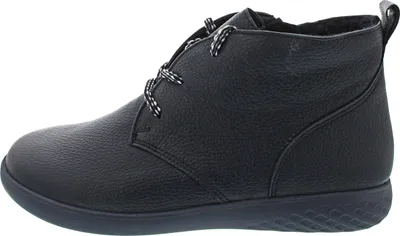 Side view of a black leather bootie.