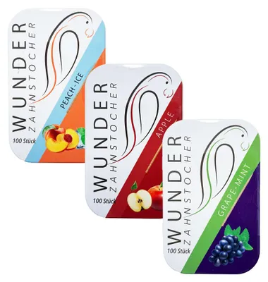 Zdjęcie produktu dla Cudowne wykałaczki smakowe – opakowanie Juicy Pack zawierające 3 sztuki – 3 x 100 sztuk – metalowe pudełko – winogrono, mięta, brzoskwinia, lody jabłkowe – świeży oddech – wegańskie