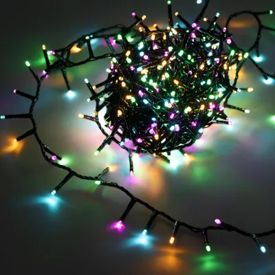 A tangled string of colorful LED lights.