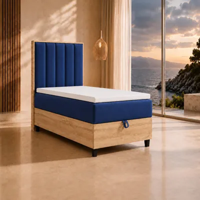 Produktbild von Trinity K-1 Einzelbett 80x200 Blau | Boxspringbett mit Bettkasten | Bonellfederkern & Topper | Polsterbett mit Kopfteil | Lieferung Bordsteinkante