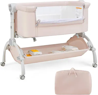 Produktbild von 3-in-1-Beistellbett für Babys, 7-stufig höhenverstellbares Babybett mit Rollen, 95 x 65cm Reisebett für Säuglinge von 0-6 Monaten, Stubenwagen mit 2-8 Grad Neigung (Beige)