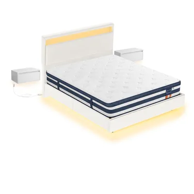 Produktbild von VASAGLE Schwebendes Bettgestell 160 x 200 cm, 7-Zonen Matratze und 2 Nachttische Set, mit LED und USB, Weiß
