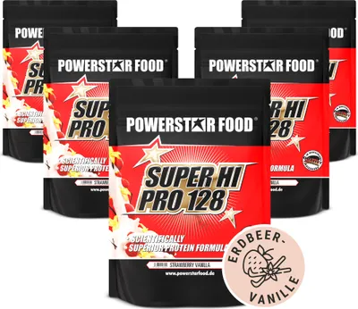Produktbild von Powerstar SUPER HI PRO 128 | Mehrkomponenten Protein-Pulver 5x1kg | Höchste Biologische Wertigkeit | Protein-Shake Muskelaufbau | Strawberry-Vanilla