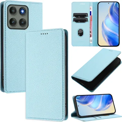 A collage of images showing a light blue leather phone case for a Motorola Edge 60 Pro.