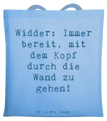 Produktbild von Mr. & Mrs. Panda Tote Bag Spruch Widder Power - Sky Blue - Geschenk, Einzigartigkeit, Laptoptasche, leidenschaftlich, Shopping Tasche, Horoskop, Jutetasche, Mut