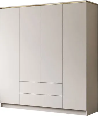 A modern, minimalist wardrobe with four doors and two drawers, featuring a sleek beige finish and a subtle gold trim at the top.