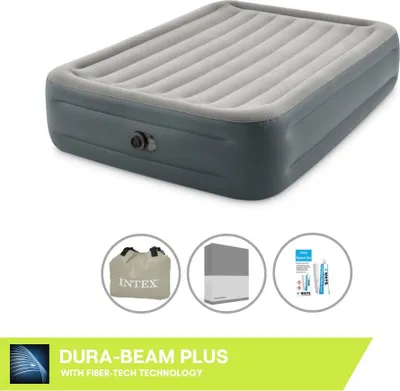Produktbild von Intex Luftbett - 2 Personen - 152 x 203 x 46 cm - Grau - Mit eingebauter Pumpe, Spannbettlaken Anthrazit en Reperaturset