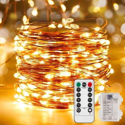 LED Lichterkette 10 m, 100 warmweiße LEDs, batteriebetrieben, Fernbedienung