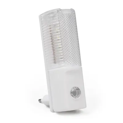 A white LED night light with a clear plastic cover is shown against a white background.