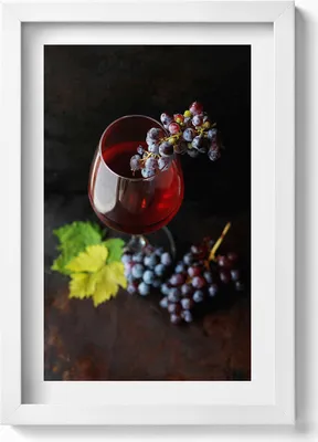 Produktbild von Glas Wein und Weintrauben– Wandbild mit Rahmen – Gerahmtes Bild  – Wanddekoration – 20x30 cm – Weiß