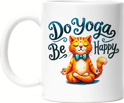 Produktbild von Do Yoga Be Happy Tasse Weiß Geschenkidee für Yoga-Fans und Katzenliebhaber Entspannung und Achtsamkeit