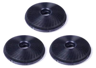 Three black circular filters arranged in a triangular formation on a white background.