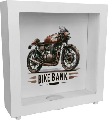 Produktbild von Cafe Racer Motorrad Rahmen Spardose aus Holz mit Spruch Bike Bank