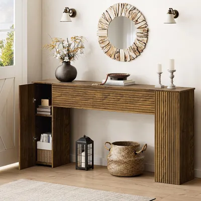 Produktbild von FABATO 155 cm Konsolentisch und schmaler Sofatisch mit Rillendesign, 2 versteckten Schränken, Walnuss – für Flur & Wohnzimmer