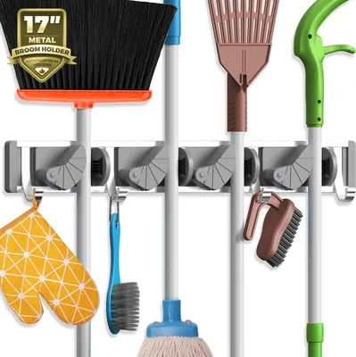 Produktbild von Wandmontierter Mopp- und Besenhalter aus Metall, Aufbewahrungsmöglichkeit für Speisekammer, Garten und Küche, Organizer für Haushaltswaren (4 Positionen mit 5 Haken, Silber)
