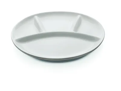 A white, divided plate on a white background.