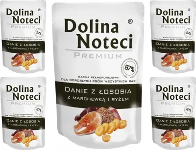 Produktbild von Dolina Noteci Premium - Lachsgericht mit Karotten und Reis - Glutenfrei Nassfutter für Hunde 300g (5-er pack)