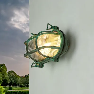 Produktbild von Wandlampe außen Grün E27 IP64 Maritim Glas Messing massiv Außenlampe Wand Terrasse