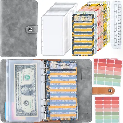 Produktbild von Binder Notizbuch, A6 Binder Budgetplaner,Kunstleder Notizbuch Mit 12 Binder Binder, Notizbücher, hellgrau