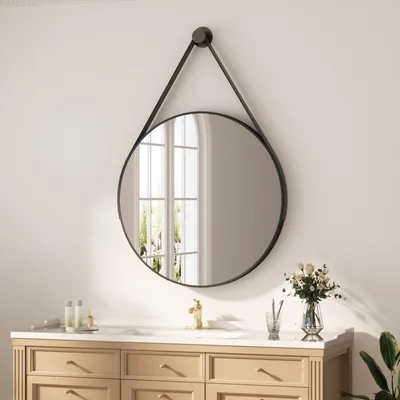 Produktbild von Heilmetz Wandspiegel 60cm Rund Spiegel mit Schwarzer Spiegelgürtel Matte Metallrahmen Hängespiegel