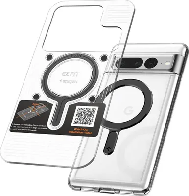 A clear phone case with a magnetic ring attachment is shown, with a phone inside the case.