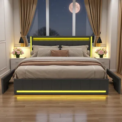 Image de Lit 140x200 avec sommier LED et USB, lit coffre 140x200 avec sommier à lattes et 4 tiroirs, gris