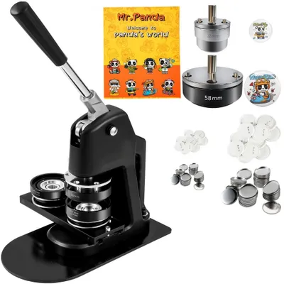 Zdjęcie produktu dla Guzikarka - Guzikarka 200 szt. 58 mm i 300 szt. 32 mm - Dziurkacz do identyfikatorów z magiczną książeczką Mr Panda i kluczem sześciokątnym - Prasa do identyfikatorów