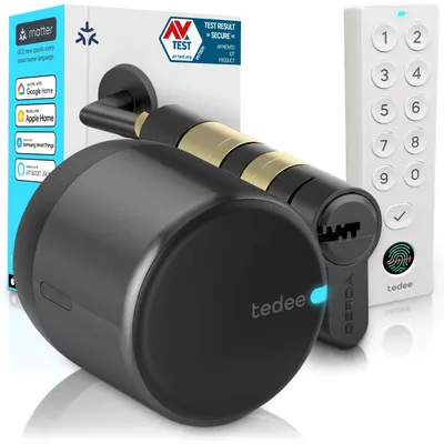 Obrázek produktu pro Tedee GO2 Alu s Keypad PRO a vložkou Gerda EXXO Smart – Chytrý zámek, otisk prstu, bezpečnostní třída 6, bezklíčový vstup, Matter, Apple HomeKit