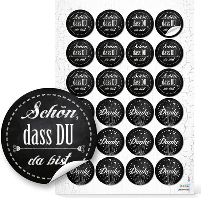 Produktbild von 24 runde Aufkleber schwarz weiß 12 x SCHÖN DASS DU DA BIST 4 cm 12 x DANKE Etiketten vintage für Hochzeit Taufe Kommunion Geburtstag Gastgeschenke give-away Deko Geschenke Verpackung 4 cm48 Aufkleber / 2 Bögen