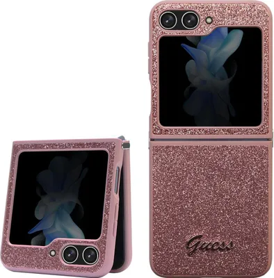 A pink glittery phone case for a Samsung Galaxy Z Flip 5 is shown in two views: one folded and one unfolded.