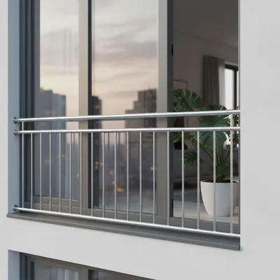 A balcony railing in front of a window overlooking a city skyline.