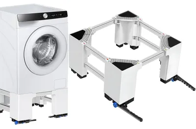 Obrázok produktu pre Univerzálna podstavec pod práčku s kolieskami, priemer 28 cm, nosnosť 400 kg, šírka 60-70 cm, oceľová konštrukcia, biela farba