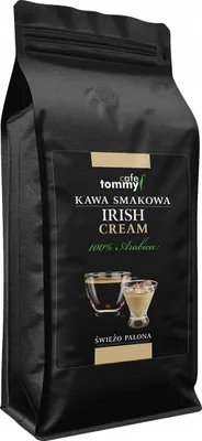 A black bag of coffee beans with a label showing the brand and product details.