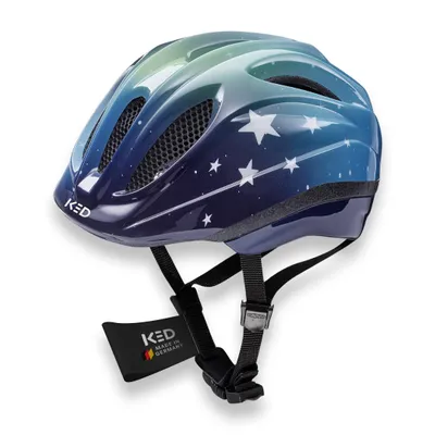 Produktbild von KED Meggy II Trend I Kinder Fahrradhelm Insektenschutznetz mit LED-Rücklicht maxSHELL Technologie Farbe: stars blue green glossy Größe: 52-58 (M)