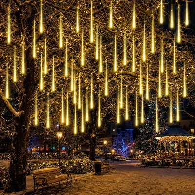 Productafbeelding van Meteorietregen, lichtketting met 8 lampen, sneeuwvlokkenlicht, kerstverlichting, decoratie voor Kerstmis, Halloween, bruiloft, warm wit licht, 50 cm, 288 LED's