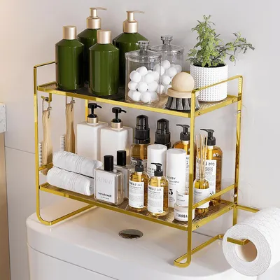 Produktbild von 2-stufiger Badezimmer-Organizer, schwarzes Regal über der Toilette, multifunktionales Regal mit Toilettenpapierhalter - Schwarz.