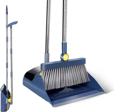 Immagine prodotto di Set blu composto da scopa e paletta, 121 cm, rotazione a 180°, per ufficio e cucina