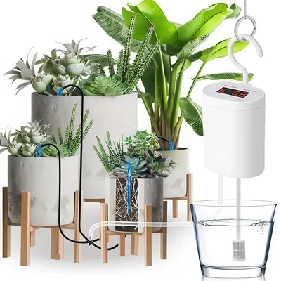 Produktbild von Automatische Bewässerungssystem 4 Pflanzen Tropfbewässerung Set Indoor Pflanzenbewässerung Timer Bewässerungsgerät USB wiederaufladbar Garten Balkon