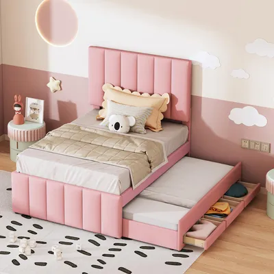 Produktbild von Polsterbett 90 x 200 cm mit Rollbett und Stauraumschubladen, hautfreundliche Leinenpolsterung, flaches Einzelbett, Kinderbett, Jugendbett, Gästebett (Rosa)