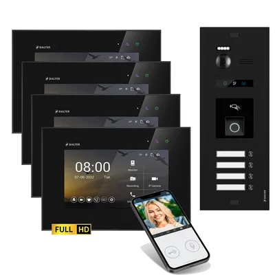 Produktbild von BALTER EVO HD Schwarz Video Türsprechanlage Fingerprint Set 4 Teilnehmer 4x7" WLAN Monitor Schwarz