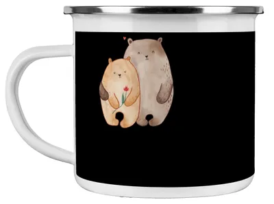 Produktbild von Mr. & Mrs. Panda Teetasse 5. Hochzeitstag Holzhochzeit - Schwarz - Geschenk, Heirat, Emaille Tasse, Glückwünsche, Heiraten, Motivtasse, Liebe, besondere Anlässe, becher